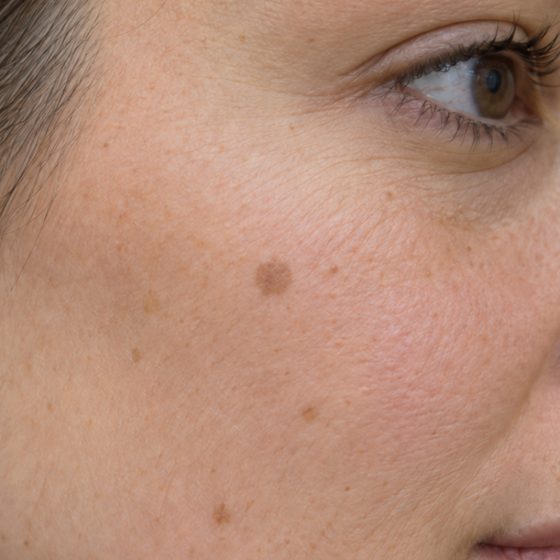 Woman’s cheek with one prominent flat brown mole and several smaller moles.